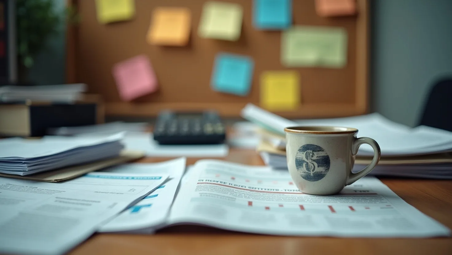 Bureau met openliggende financiële overzichten, een rekenmachine en een koffiekop, met een prikbord vol memoblaadjes op de achtergrond