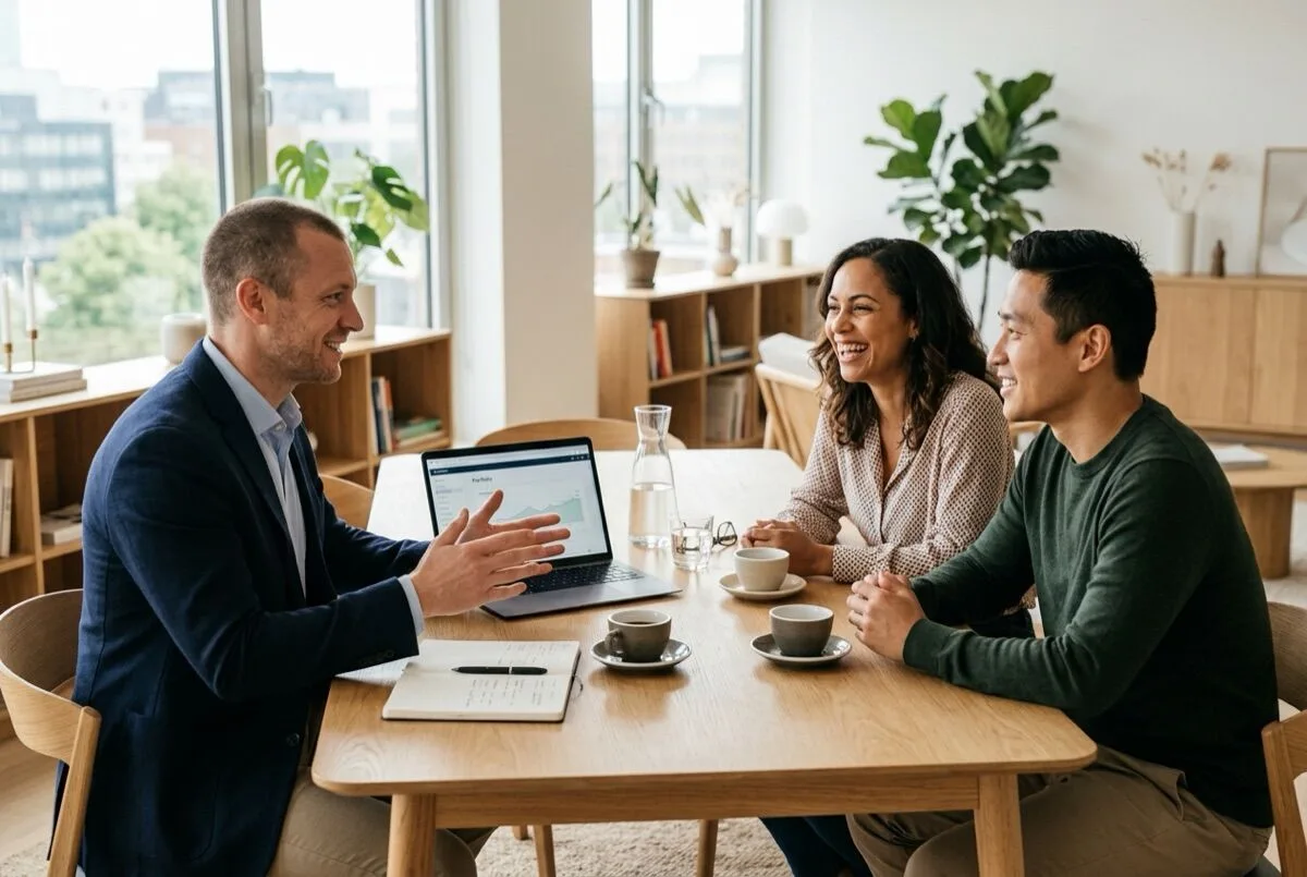 English-speaking mortgage advisor meeting an international couple