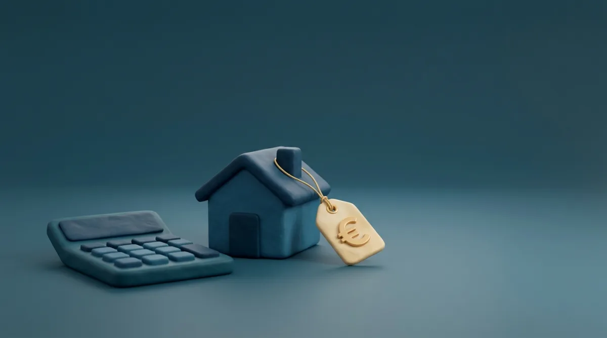 Rekenmachine, een huisje en een prijskaartje met euro-symbool, wat kost een hypotheekadviseur