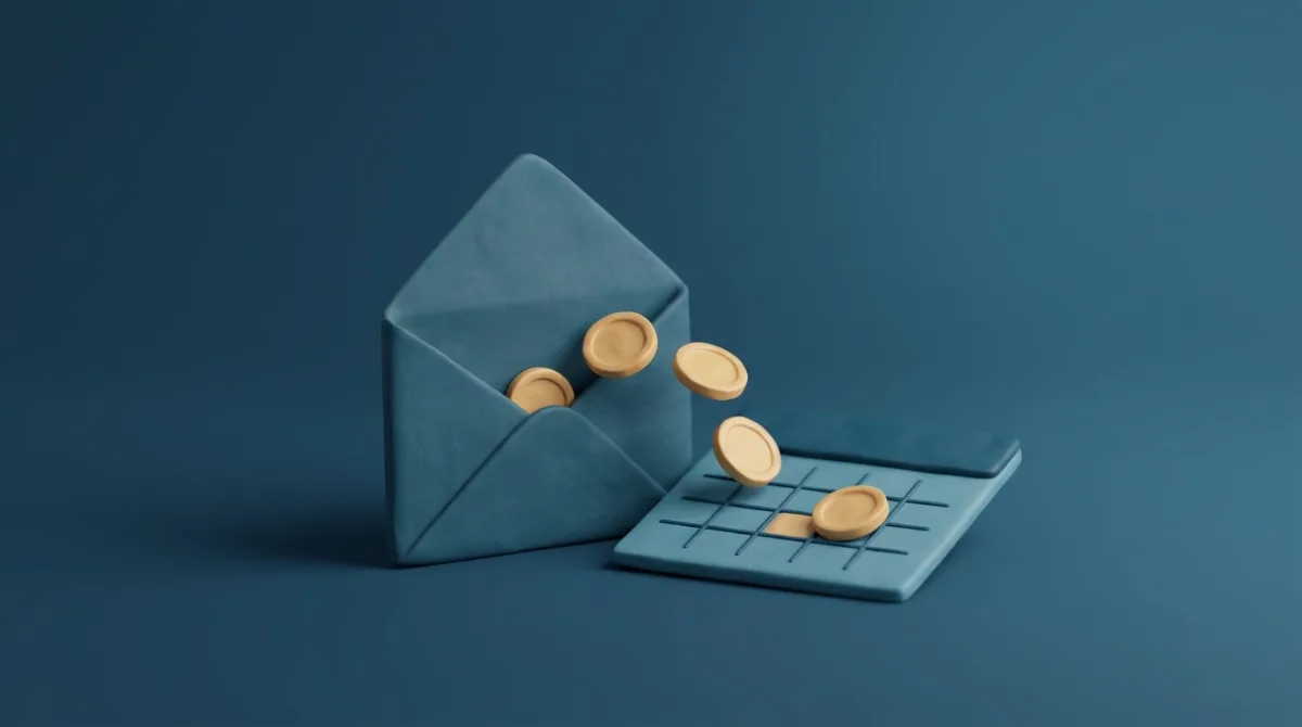 Open envelop met munten boven een kalender: lijfrente die vrijkomt en de deadline