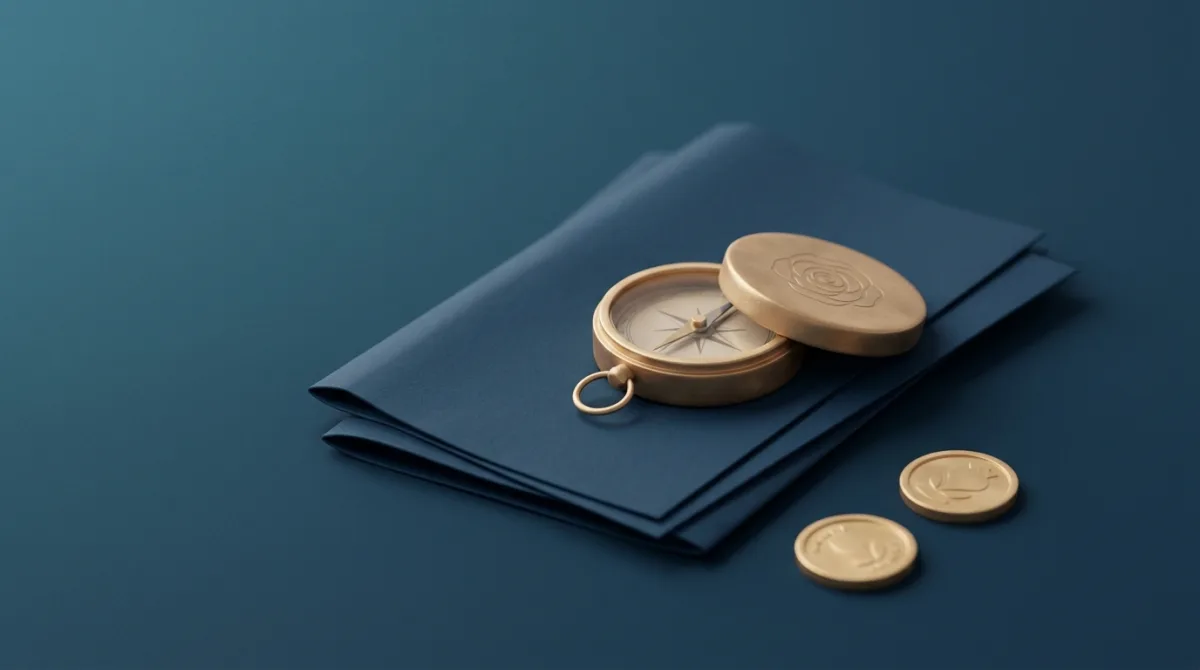 Kompas op financiële documenten met gouden munten: onafhankelijk vermogensbeheer en advies
