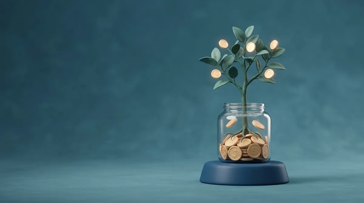 Boompje dat uit een pot met gouden munten groeit: pensioenbeleggen voor de lange termijn