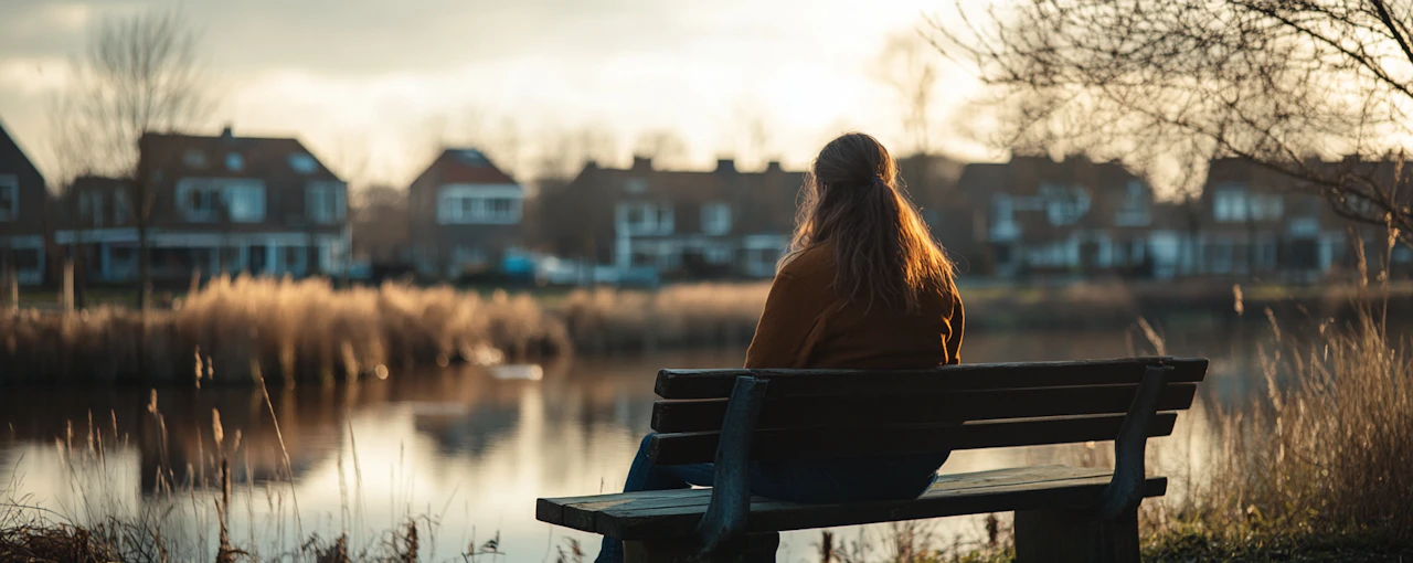 Vrouw zit alleen op een bankje aan het water en kijkt uit over een woonwijk