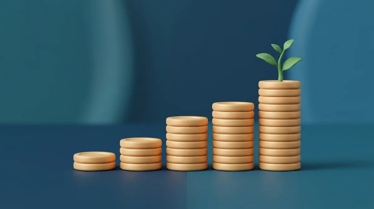 Oplopende stapels gouden munten met een groeiend plantje: rente-op-rente: zelf pensioen opbouwen, hoe eerder hoe beter