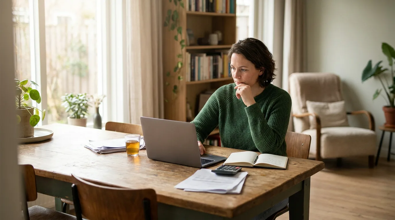 Vrouw bekijkt rustig en gefocust haar financien thuis met laptop en rekenmachine