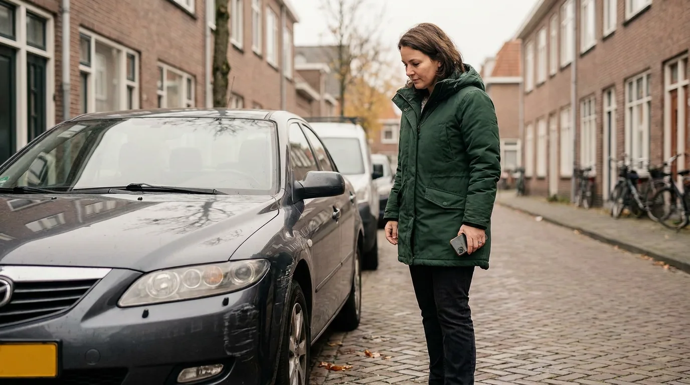 Vrouw bekijkt lichte schade aan haar auto in een Nederlandse straat