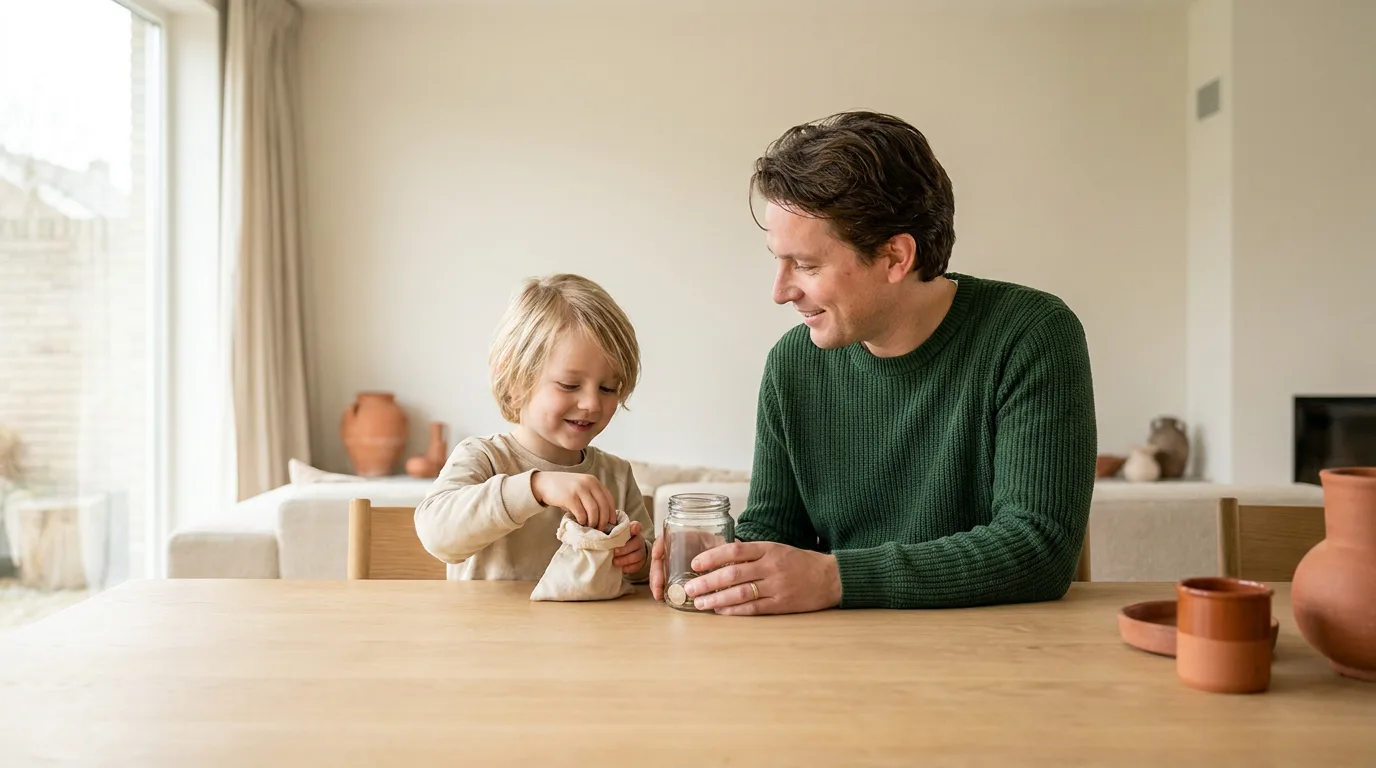 Ouder en jong kind sparen samen munten in een spaarpot aan de eettafel in een Nederlands interieur