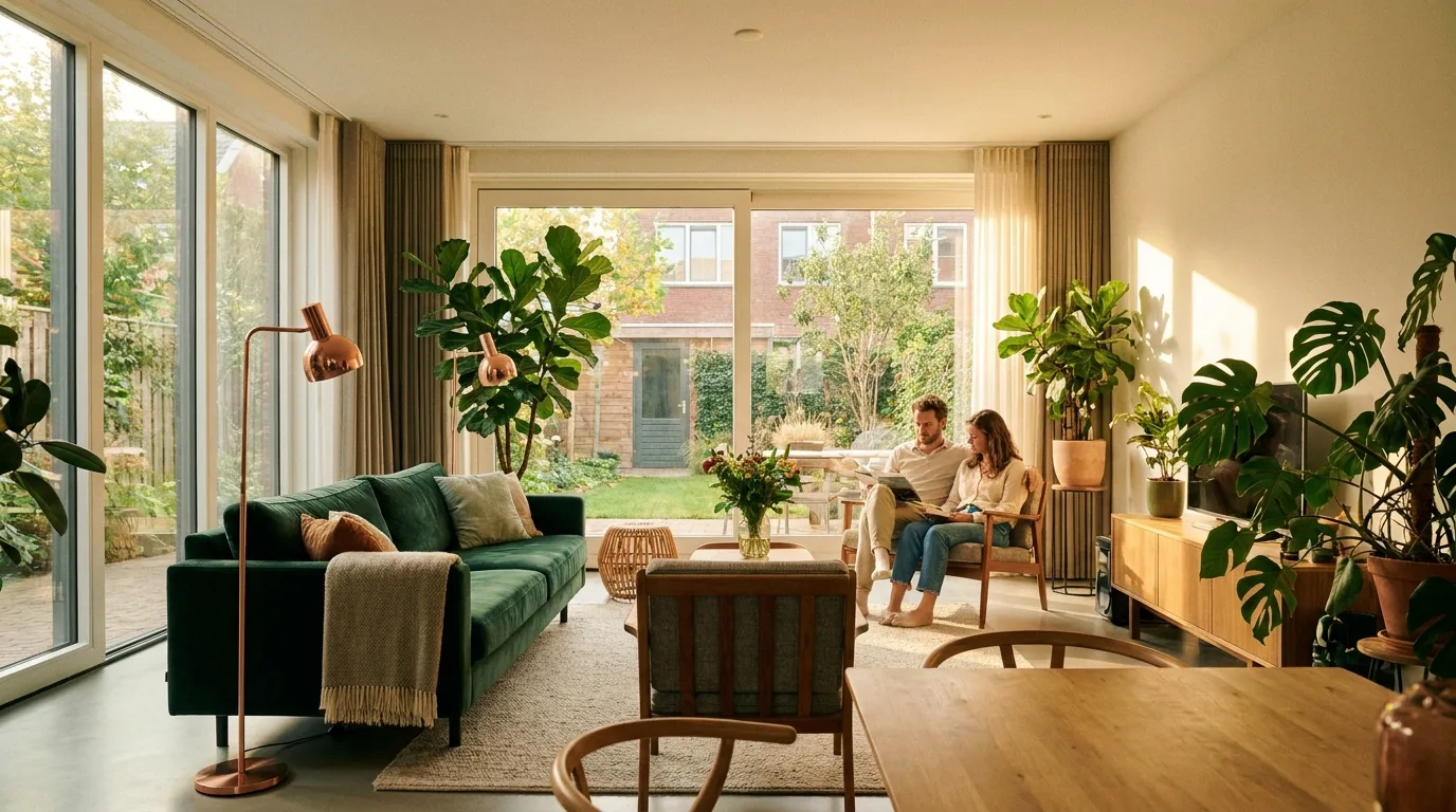 Stel leest samen in een lichte woonkamer met openslaande deuren naar de tuin