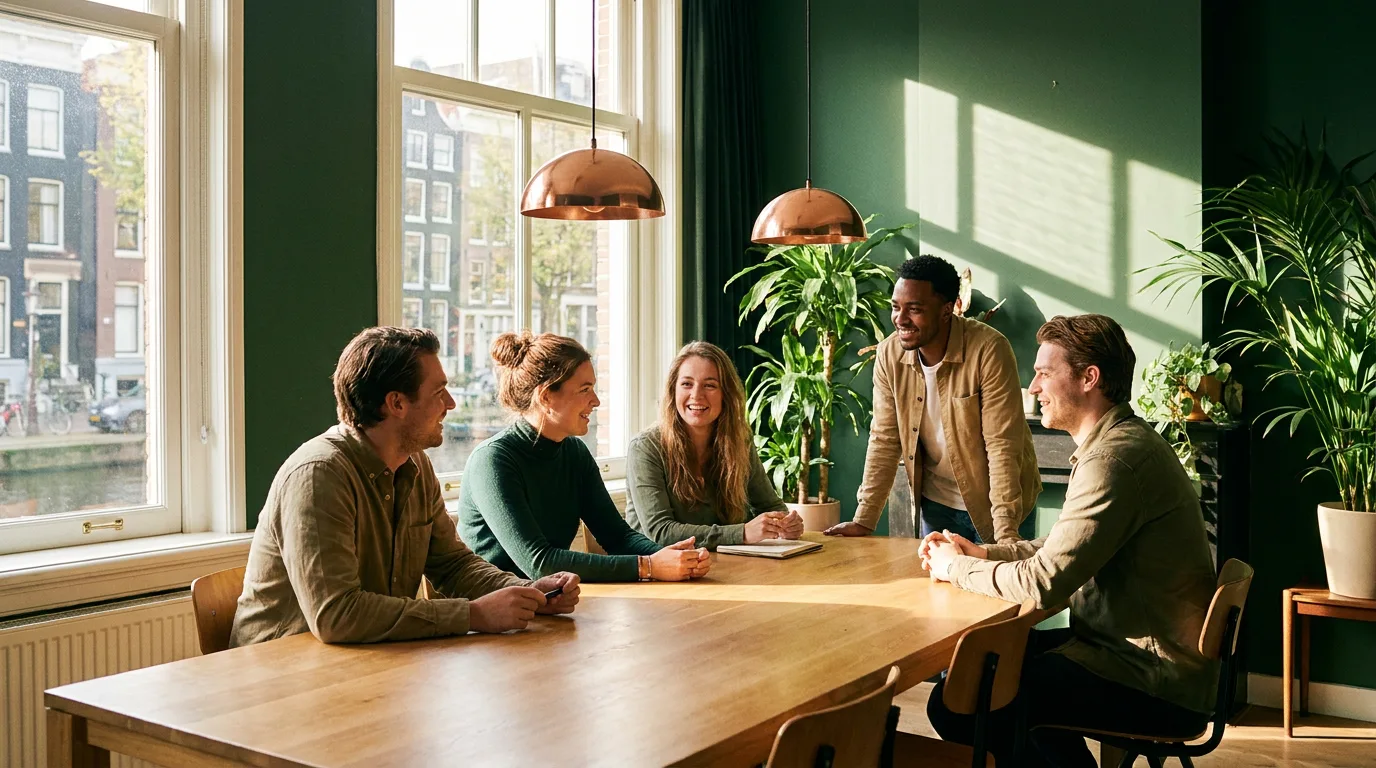 Vijf collega's in overleg aan een houten tafel in een kantoor met groene wanden aan de gracht