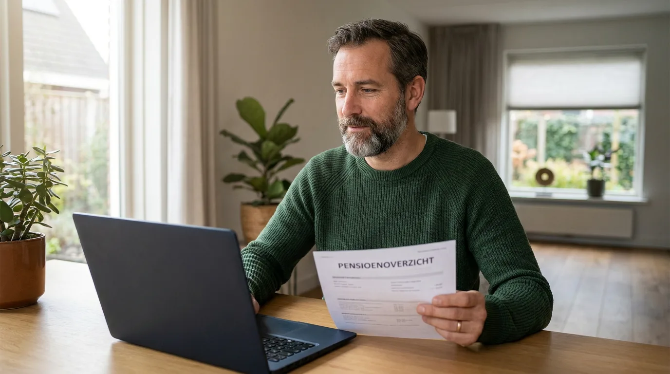 Man bekijkt zijn pensioenoverzicht op een laptop