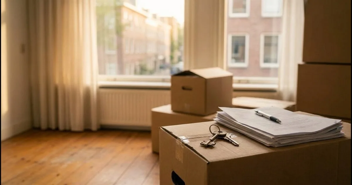 Lege woonkamer met verhuisdozen, huissleutels en papieren na de verkoop van een huis