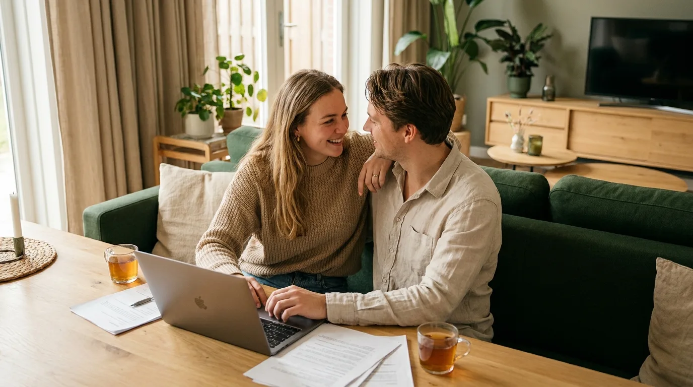 Jong samenwonend stel regelt thuis het samenlevingscontract met laptop en papieren - Bouvy Advies