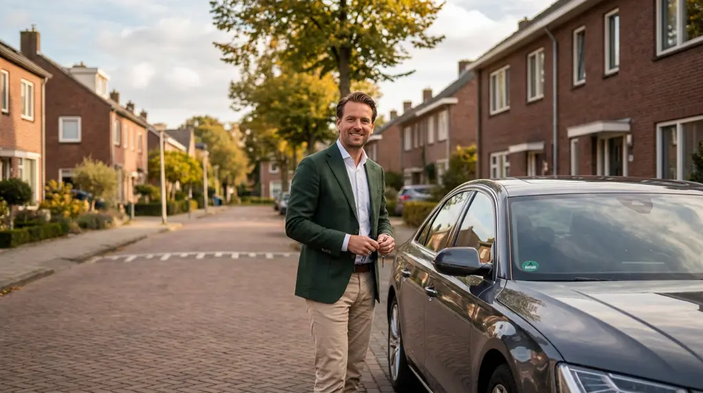 Verzorgde automobilist bij zijn auto op een rustige Nederlandse straat, schadevrije jaren - Bouvy Advies