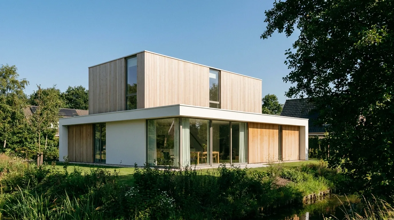 Moderne Nederlandse prefab-zelfbouwwoning met veel glas, net opgeleverd