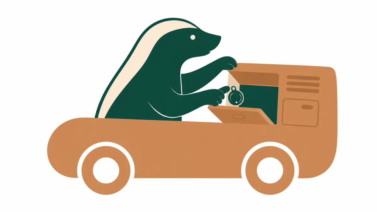 De Bouvy-honingdas legt een klein rond zendertje in het handschoenenkastje van een auto.