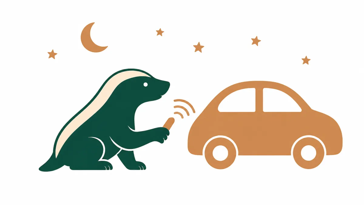 De Bouvy-honingdas bij een auto in de nacht, met een zendertje dat een signaal uitzendt.