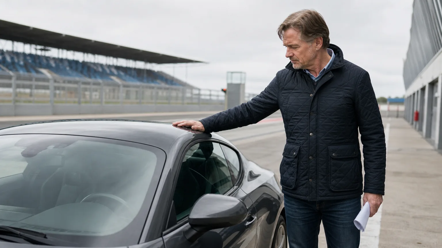 Man in een gewatteerde jas bekijkt zijn donkere sportwagen in de pitstraat van een circuit, met papieren in zijn hand