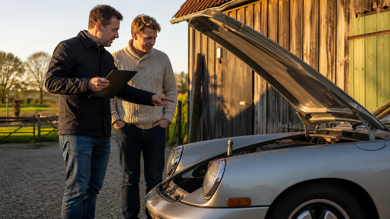 Taxateur met klembord en de eigenaar bij een klassieke sportwagen met open motorkap op een erf