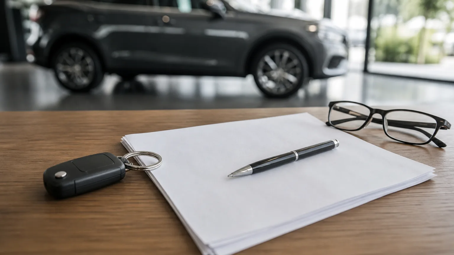 Autosleutel, een stapel polispapieren met pen en een leesbril op een bureau in een autoshowroom