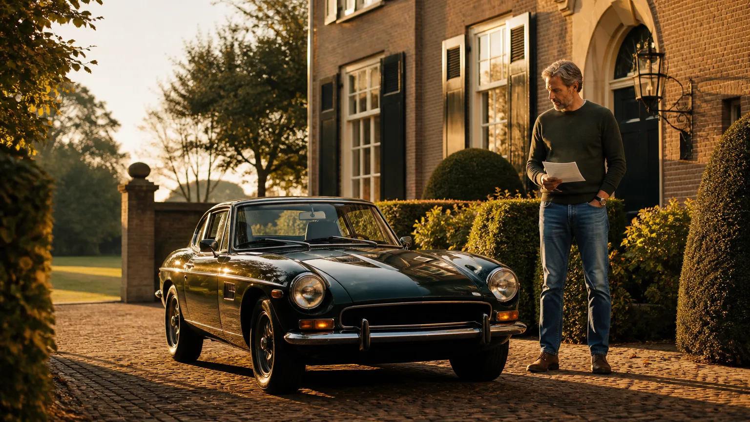 Man bekijkt zijn klassieke sportwagen op de oprit van een Nederlands landhuis, met papieren in zijn hand