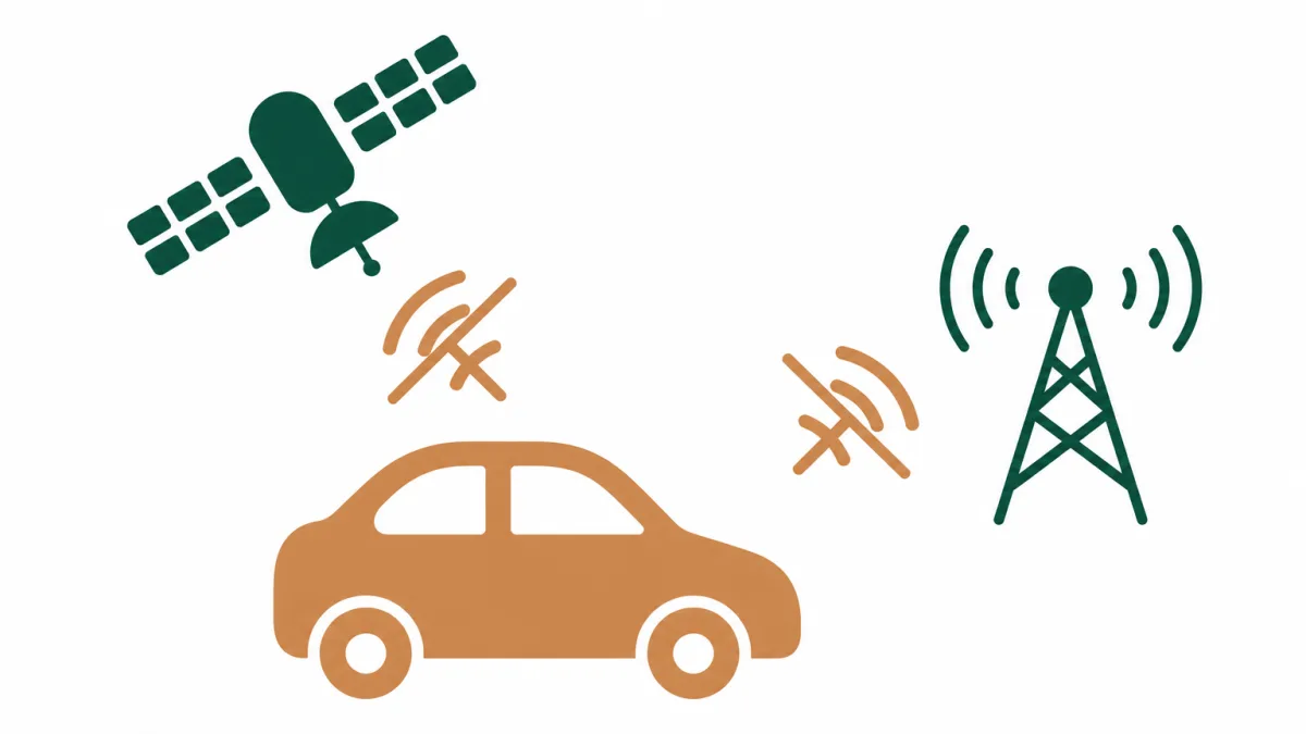 Een auto waarvan de verbinding met zowel de satelliet als de zendmast is doorgestreept.