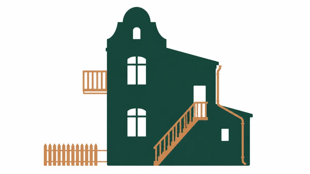 Een huis met balkon, buitentrap, schutting en regenpijp apart uitgelicht: allemaal opstal.