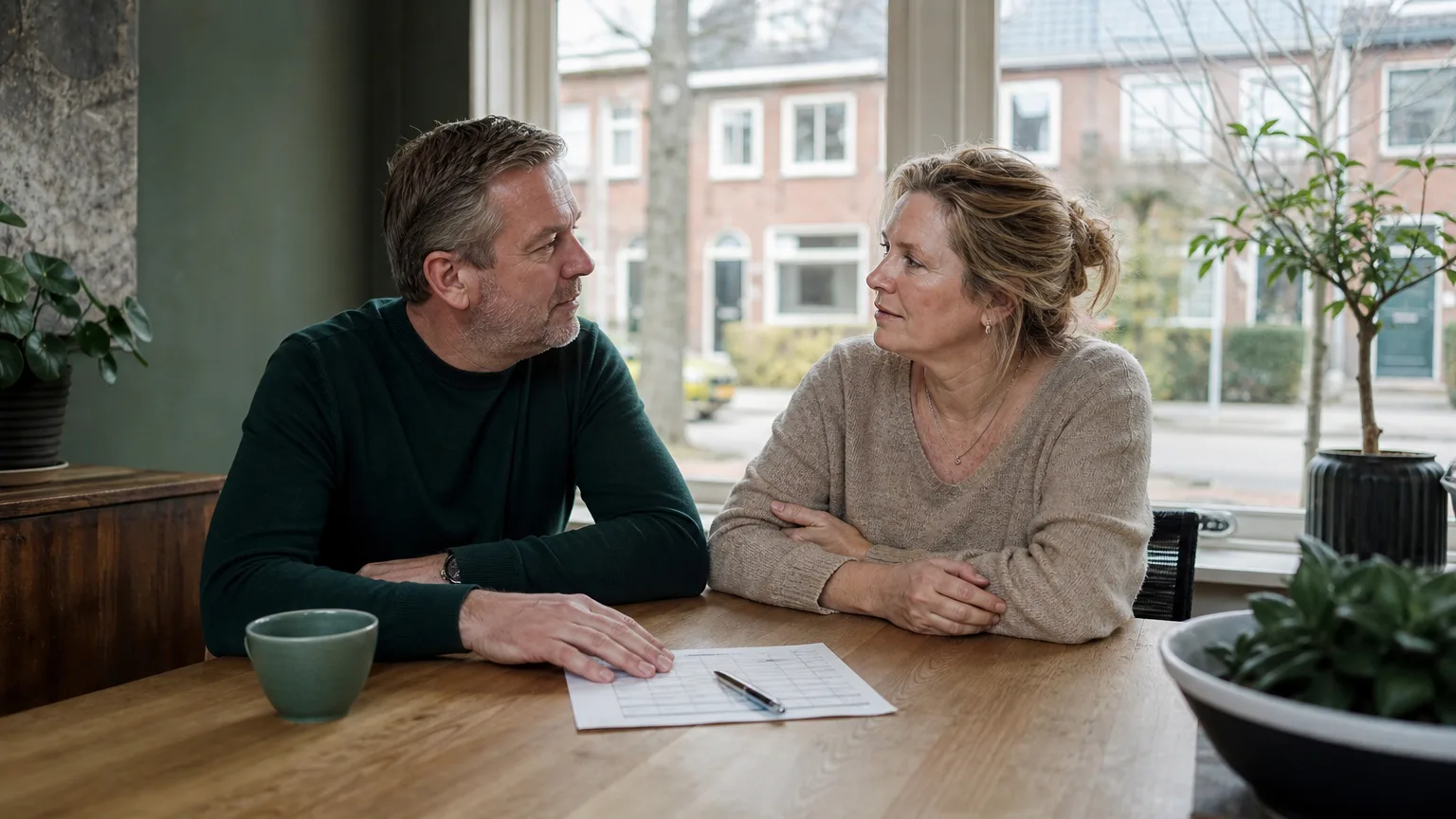 Stel van in de vijftig aan de keukentafel met een overzicht van hun hypotheeklasten, uitzicht op een Nederlandse woonstraat