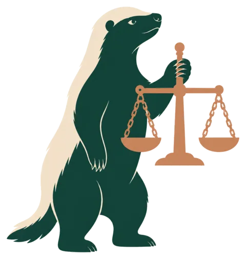 Honingdas houdt de weegschaal van Vrouwe Justitia vast