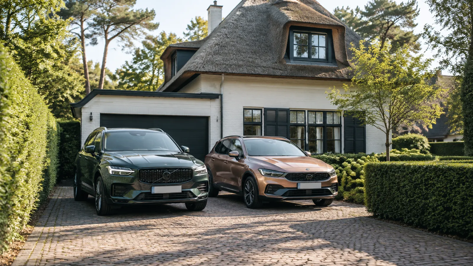 Twee auto's naast elkaar op de oprit van een rieten villa, schadevrije jaren voor een tweede auto - Bouvy Advies