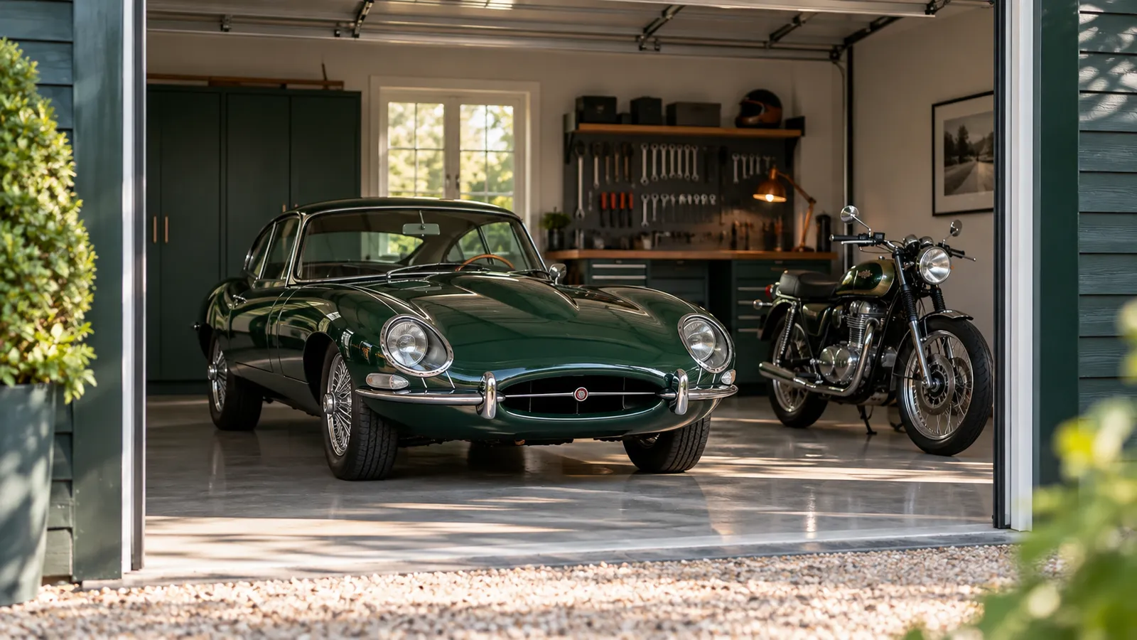 Klassieke sportwagen en motor in een garage, polissen waarop je anders of geen schadevrije jaren opbouwt - Bouvy Advies