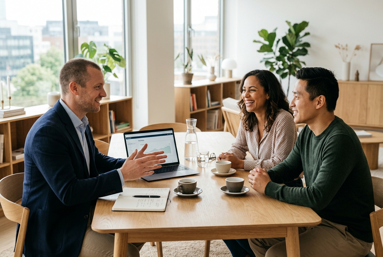 English-speaking mortgage advisor meeting an international couple