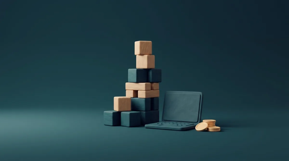 Bouvy Advies | Vermogen opbouwen als zzp'er: sparen, beleggen of lijfrente? Houten bouwblokken, laptop en gouden munten — vermogen opbouwen als zzp'er