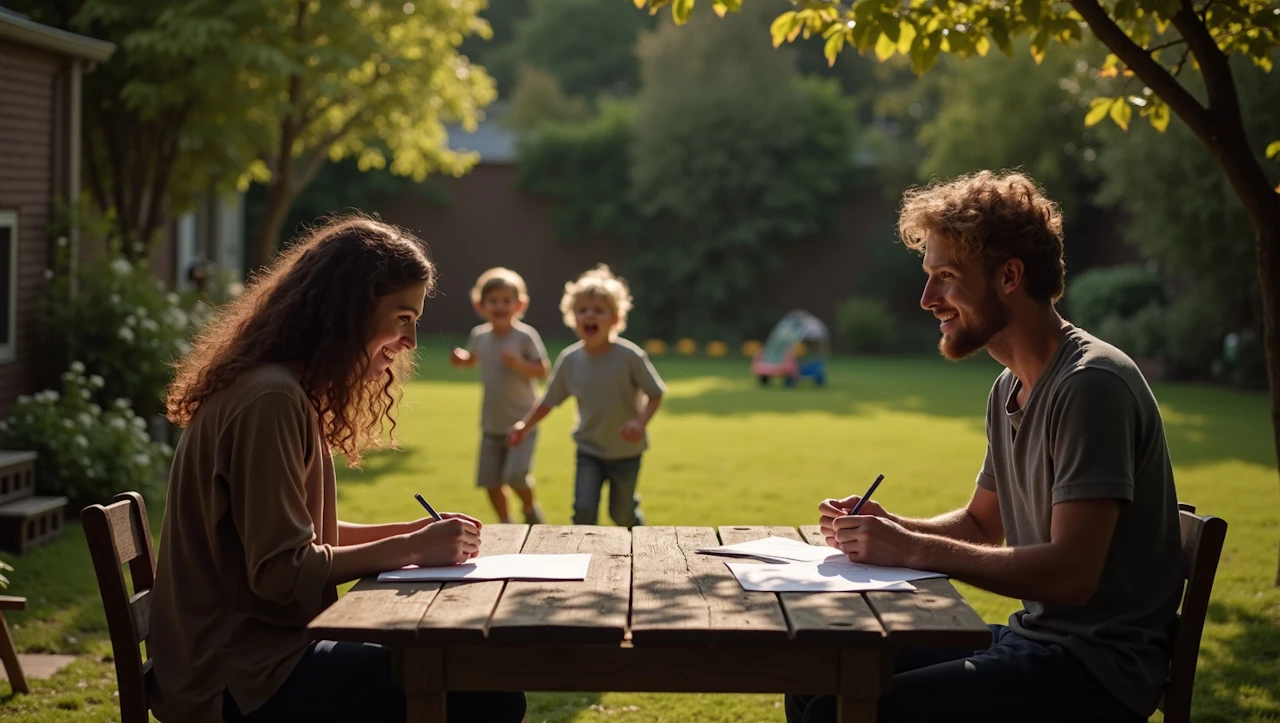 Stel bekijkt samen hun hypotheekdocumenten aan de eettafel in de middagzon, Bouvy Advies