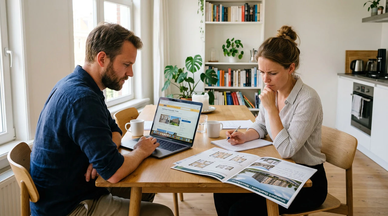 Stel bekijkt samen verhuisplannen en hypotheekvoorwaarden aan de keukentafel, Bouvy Advies