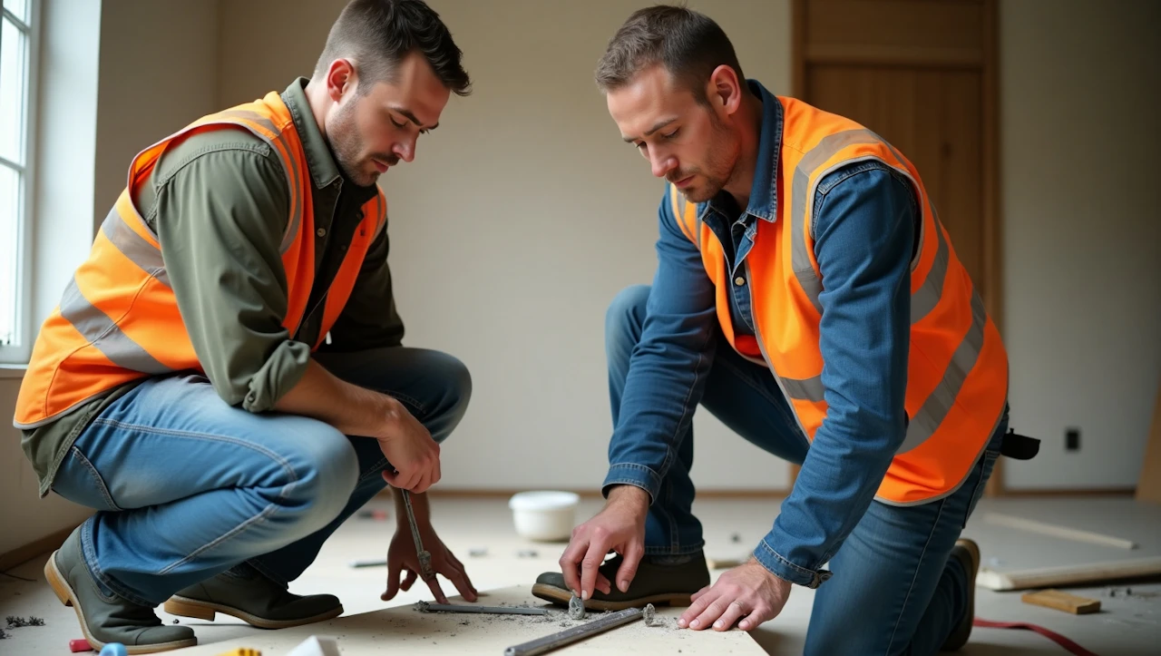 Twee vaklieden meten de vloer op tijdens een verbouwing van een woning