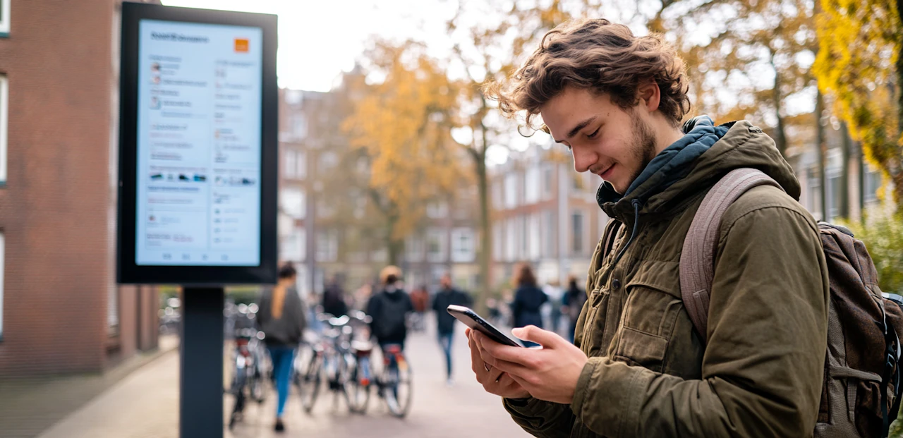 Student kijkt op zijn telefoon naar zijn studieschuld bij DUO